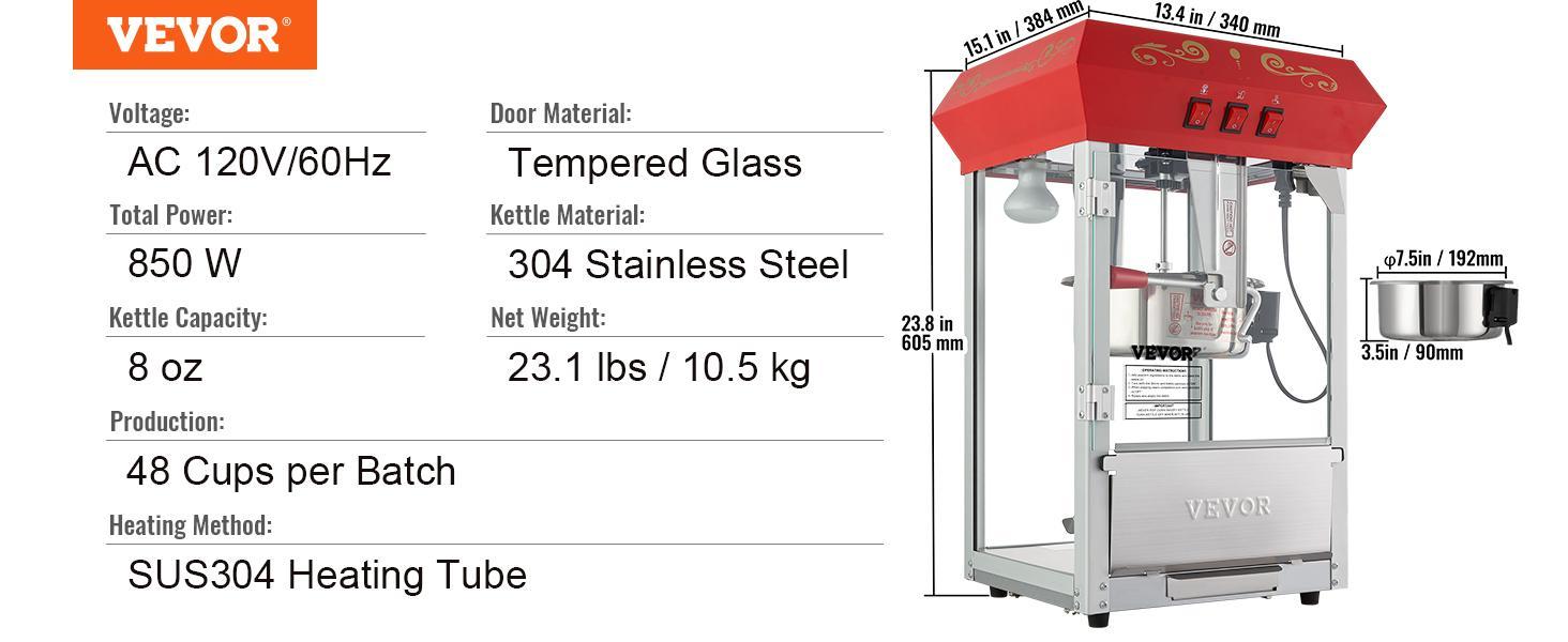 【Father's Day】VEVOR Commercial Popcorn Machine, 8 Oz Kettle, 850 W Countertop Popcorn Maker for 48 Cups per Batch, Theater Style Popper with 3-Switch Control Steel Frame Tempered Glass Doors 1 Scoop 2 Spoons, Red