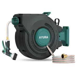Ayura Retractable Hose Reel, up to 100ft, heavy-duty garden hose reel, locks at any length, 180° swivel wall-mounted bracket, with 8-pattern nozzle,  automatic rewind, slow return system