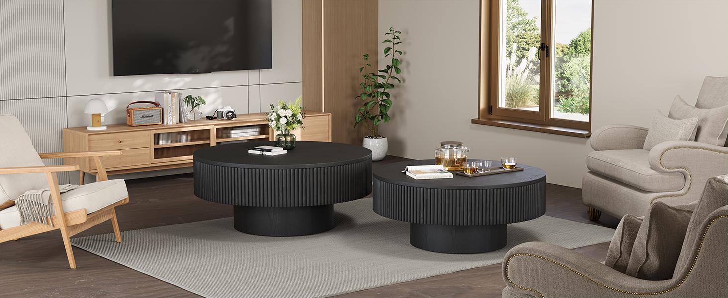 YOUDENOVA 31/35" Round Fluted Coffee Table Modern Wood Circle Veneer Handcrafted Relief Coffee Tables Living Room Black MDF Material Easy Assembly Bedroom Furniture SpringBreak