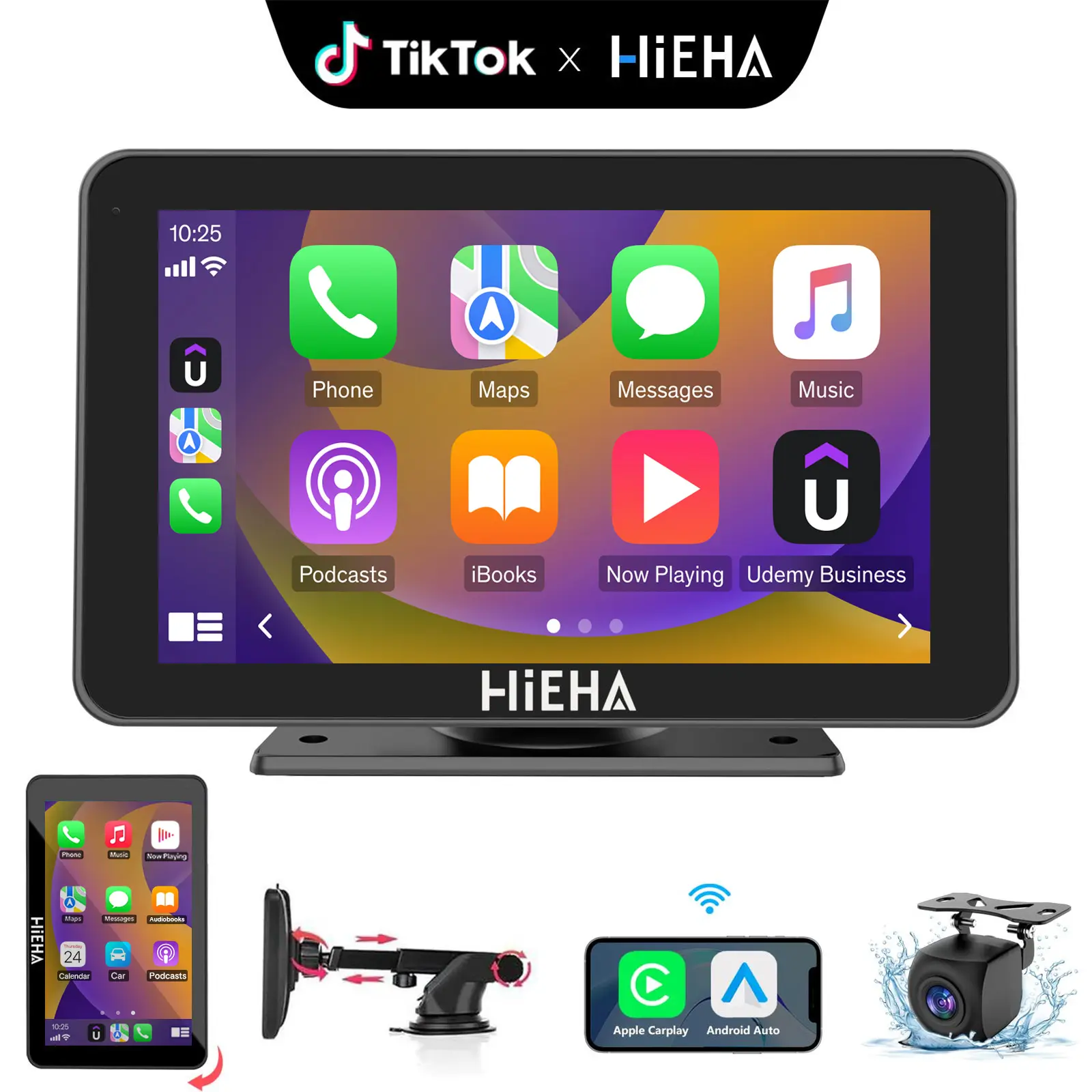 【HiEHA | TikTokShopBackToSchool】2026 Upgraded 7 Inch HD Wireless CarPlay & Android Auto Stereo with Suction Cup & Dash Mount, Rear Camera, Seamless Mirror Link/Bluetooth/GPS Navigation/Voice Control, Landscape/Portrait Rotation, Plug and Play