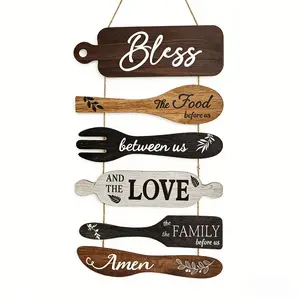 6Pcs Kitchen Wall Decor, Bless the Food Cookware Shaped Hanging Signs for Farmhouse Kitchen Rustic Wooden Plaques for Country Dinning Room