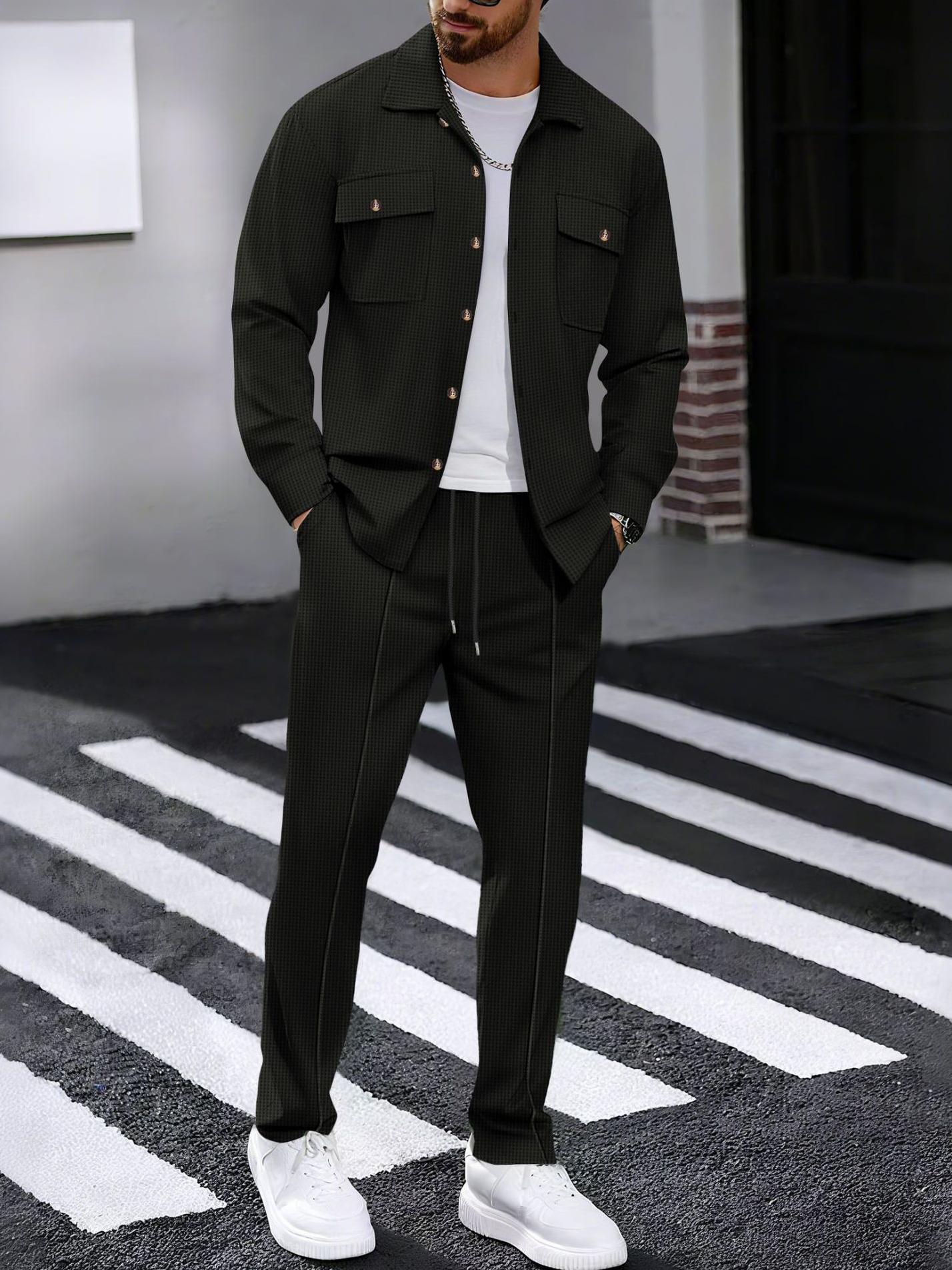 Autumn New Waffle Long Sleeved Pants Two-Piece Set Solid Color Double Pocket Button Up Cardigan Shirt Set for Men