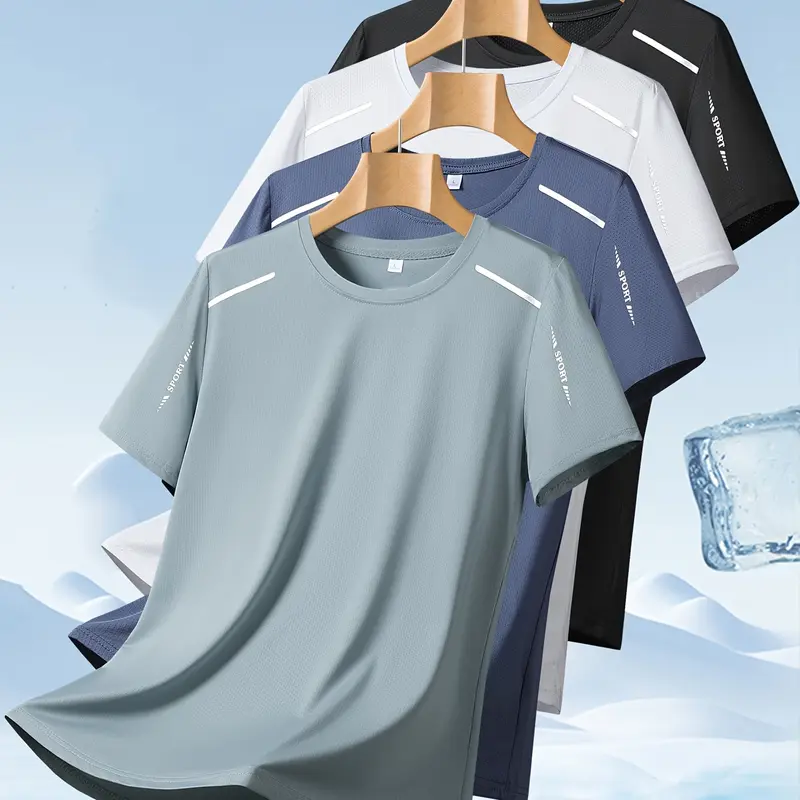 Men’s 4-Pack Quick-Dry Stretchy Polyester Transpirable Short-Sleeve Crew Neck Sports T-Shirts - Breathable Moisture-Wicking, High-Stretch Cool Comfort, Gym & Summer Casual Outdoor Fitness Tops, Stretchy Polyester Men's Short-Sleeve T-Shirts