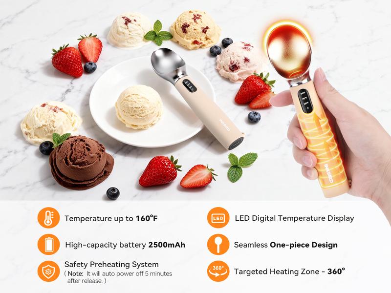 INKBIRD Heated Ice Cream Scoop Rechargeable Battery Electric Scooper Stainless Steel Waterproof LED Display Durable Kitchen Utensils for Hard Ice Cream