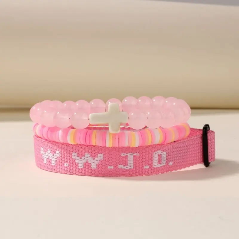 3Pcs WWJD Woven Beaded Bracelets Set - Adjustable Elastic Stackable Friendship Bracelets, Adult Couple Gifts, Birthday Gifts for Men and Women, Casual Costume Jewelry, Stackable Bracelets