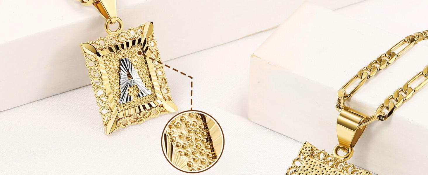 Initial Letter Pendant Necklace for Men & Women, 14K Gold Plated Copper Alphabet Necklace on Figaro Chain