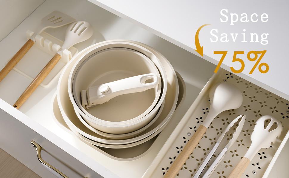 Astercook 22pcs Non-Stick Pots and Pans Set with Removable Handles Oven-Safe Stackable Dishwasher-Safe Frying Pan Stew Pot Steamer Cookware Set