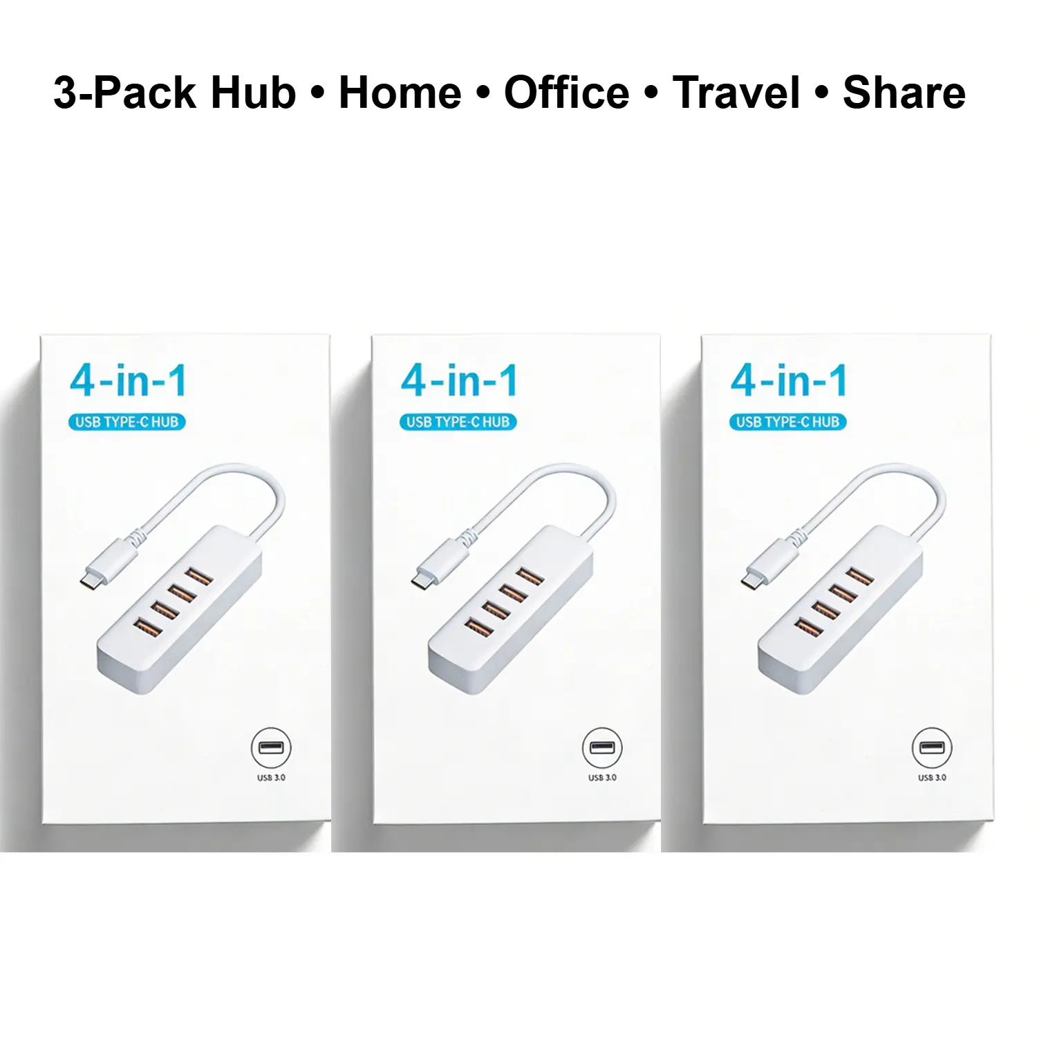 3 Amazon-branded USB Type-C to USB 3.0 hubs, featuring 4 USB 3.0 ports with 5Gbps data transfer speeds. Compatible with MacBook Pro, iPad Pro, MacBook Air, Dell XPS, Surface Book, and other devices.