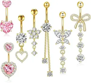 5-piece belly button ring set, 14G belly button rings, pendant belly button piercing jewelry, gold and silver stainless steel belly button rings, with flower, butterfly and heart patterns, suitable for women and girls.