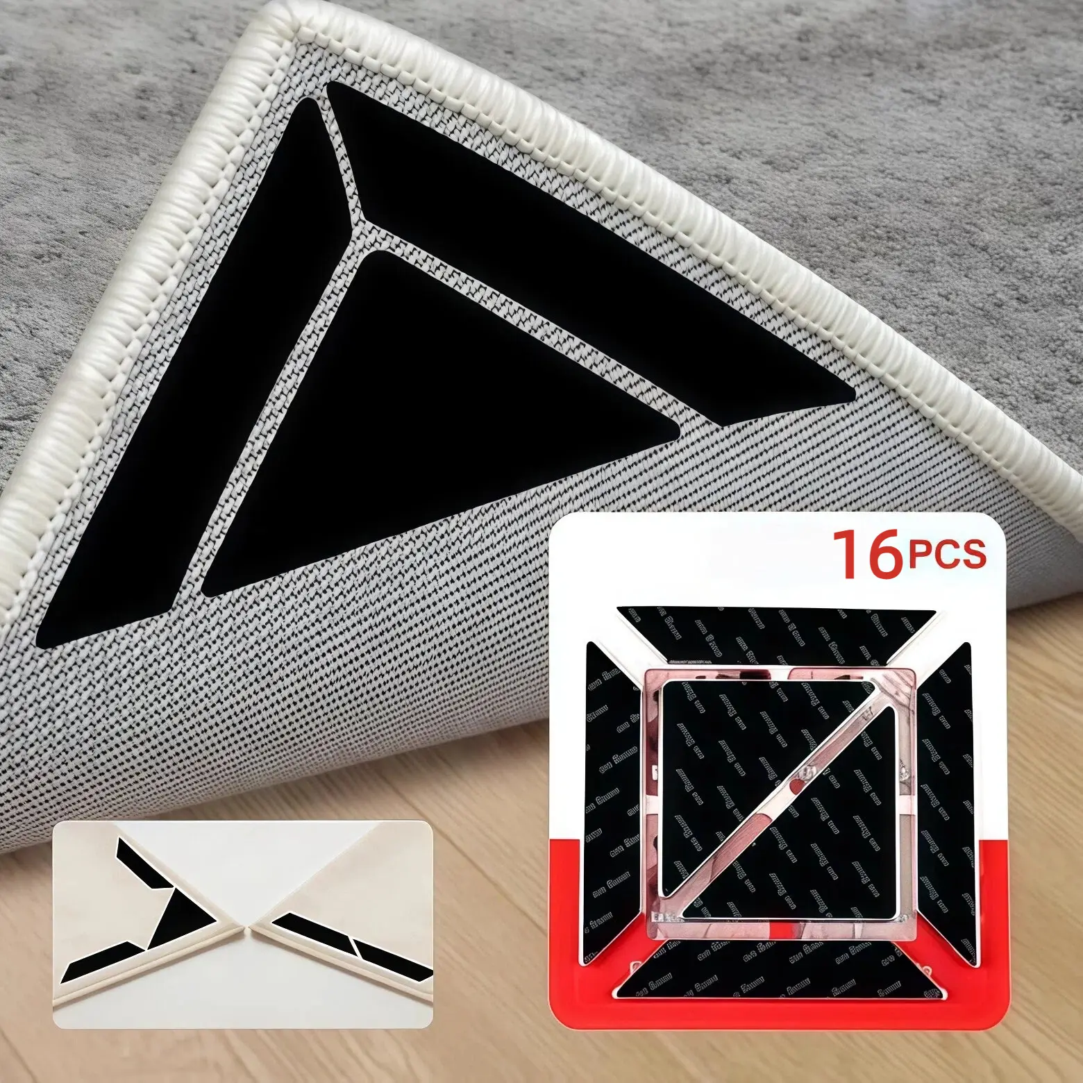 16-Pack Non-Slip Rug Gripper Set (8 Triangles + 8 Trapezoids) - Strong Self Adhesive Tape Anchoring Stickers for Hardwood Floors, Tile Floors to Stop Area Rugs, Bath Mats from Curling, Sliding with Functional Grip