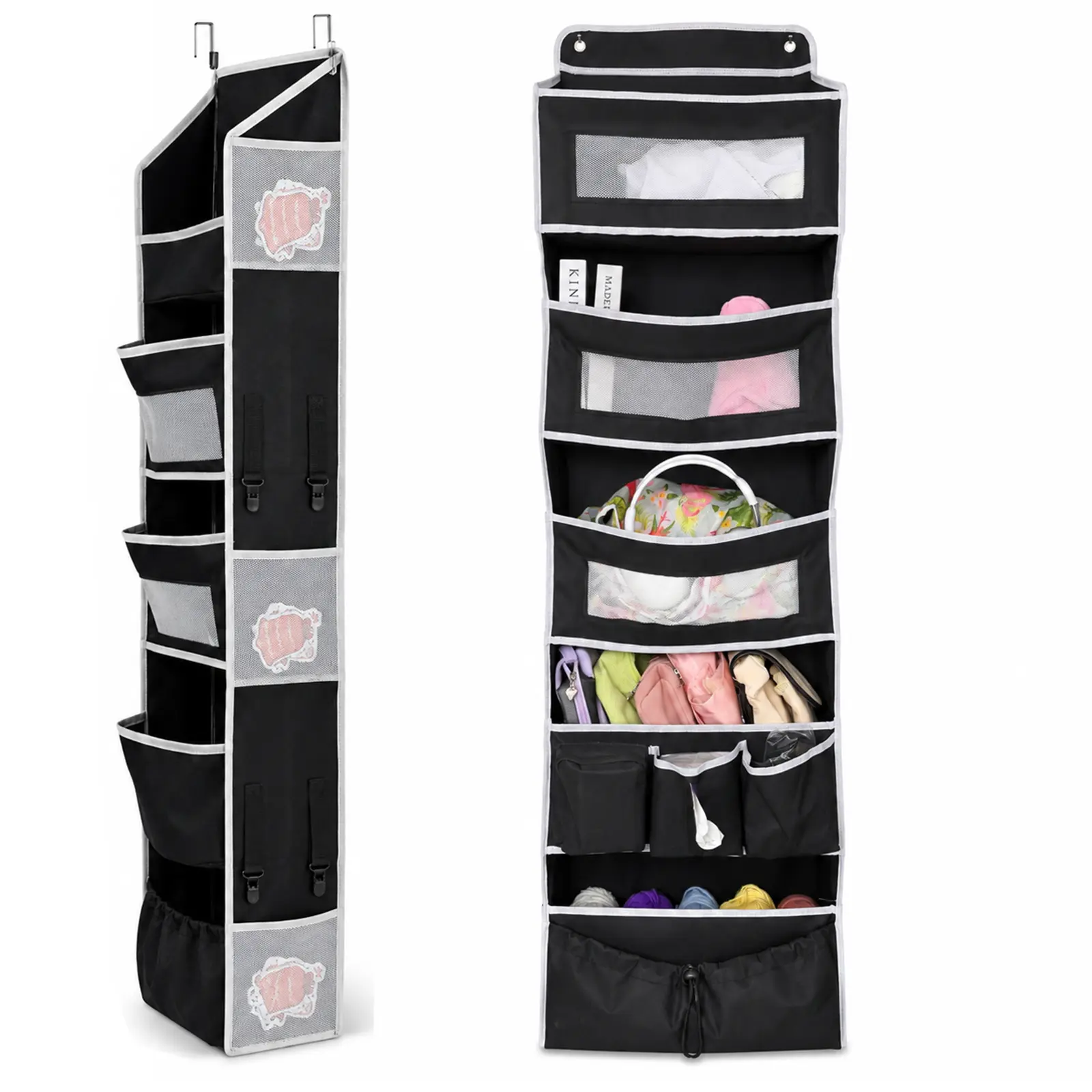 Over-the-Door Hanging Organizer — A 5-tier fabric organizer featuring large-capacity pockets a practical durable lightweight and easy-to-use space-saving solution for bedrooms bathrooms and closets