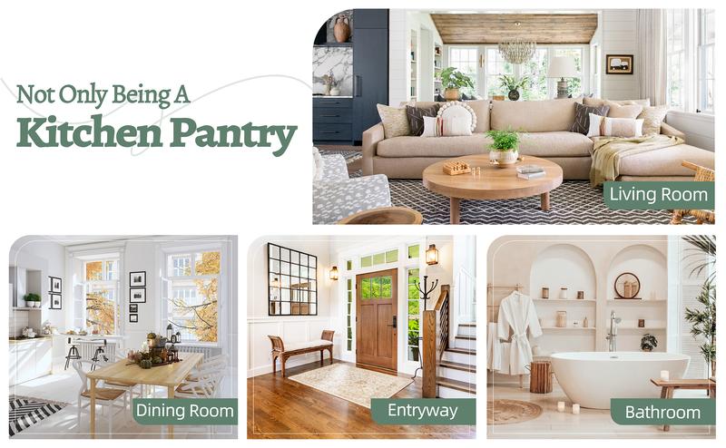 Walsunny Kitchen Pantry Storage Cabinet, Freestanding Buffet Cabinet with Microwave Stand, 4 Door Shelves, Adjustable Shelves & Wine Rack, White