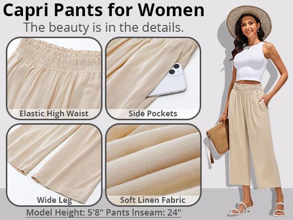 GRAPENT Texairon Linen Capri Pants for Women High Waisted Wide Leg Linen Palazzo Trousers Pull On Elastic Smock Waist Loose Flowy Pants SpringStatements GRAPENT Texairon Linen Capri Pants for Women High Waisted Wide Leg Linen Palazzo Trousers Pull On Elastic Smock Waist Loose Flowy Pants SpringStatements