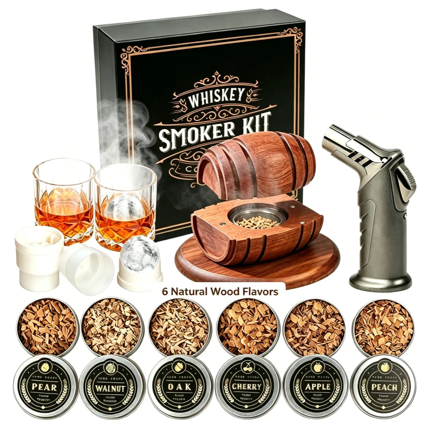 ComboJoy Whiskey Smoker Kit - Cocktail Smoker Infuser Set with 6 Wood Chip Flavors, Glasses, Ice Molds & Built-in Lighter - Old Fashioned Bar Accessory, Bourbon Gift for Whiskey Lovers, Wood Chips