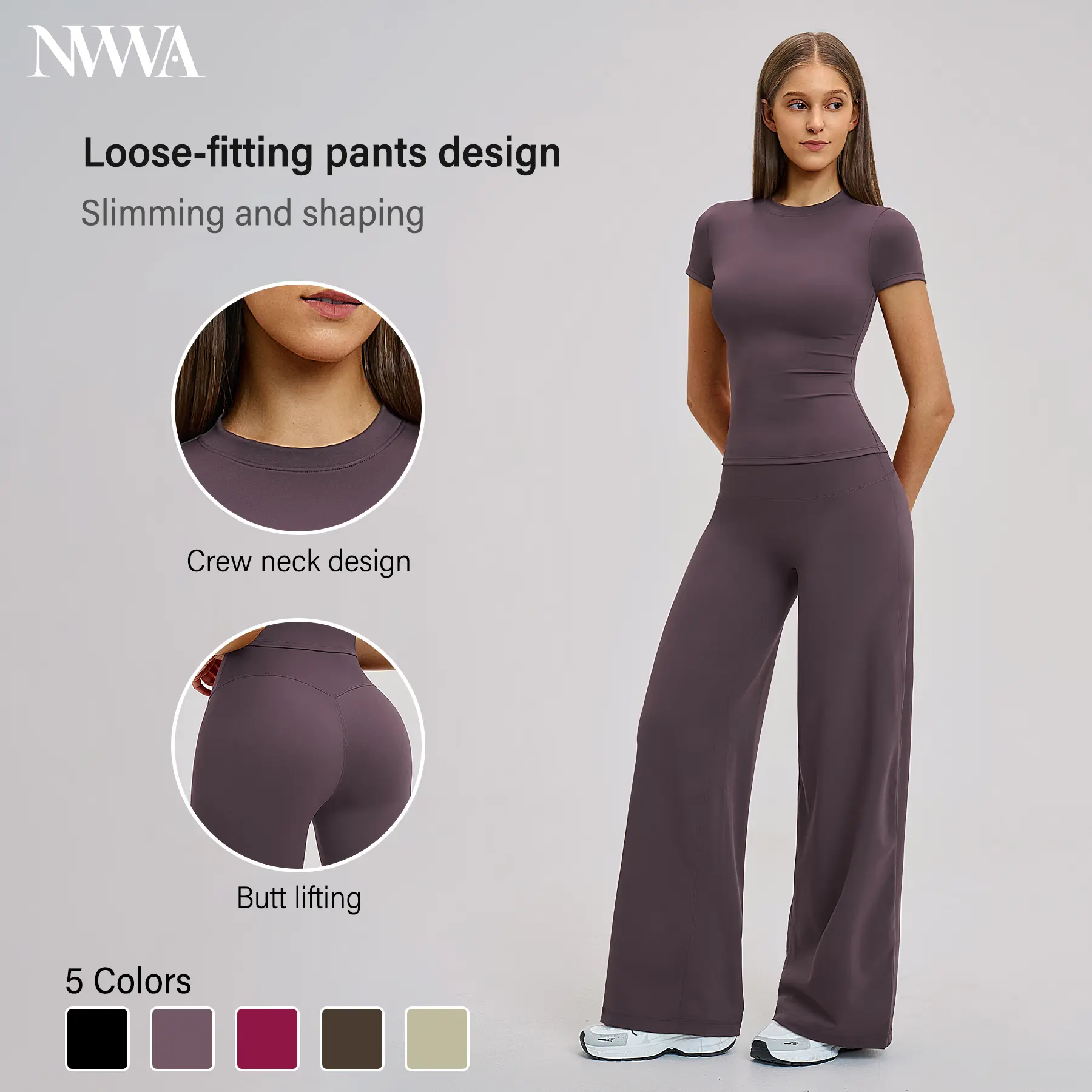 Women's 2-Piece Brushed Stretchy Quick Dry Athleisure Set - Crew Neck Top, High Waist Wide Leg Tummy Control Pants, Everyday Fit Sportswear for Fitness, Casual Use