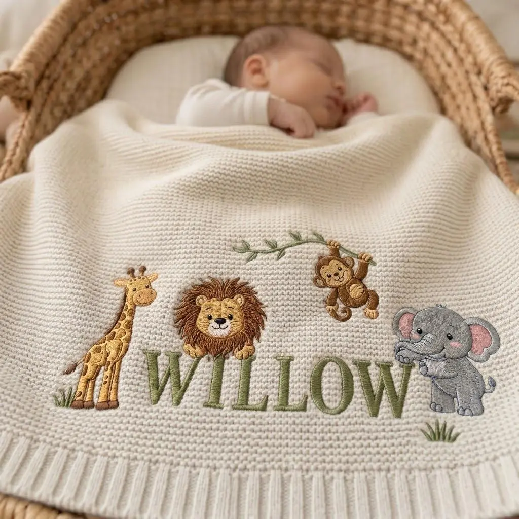 [Made-to-Order] Personalized Embroidered Giraffe Safari Baby Blanket - Custom Name Lion Knit Newborn Gift, Gift for Boy, Welcome Baby Blanket