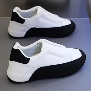 Men's Slip-On Casual Sneakers - Black & White, Thick Sole, Height Boosting, Versatile Fashion Shoes for All Seasons, Round Toe, Low-Top Design with PU Upper and Fabric Lining Training Trainer