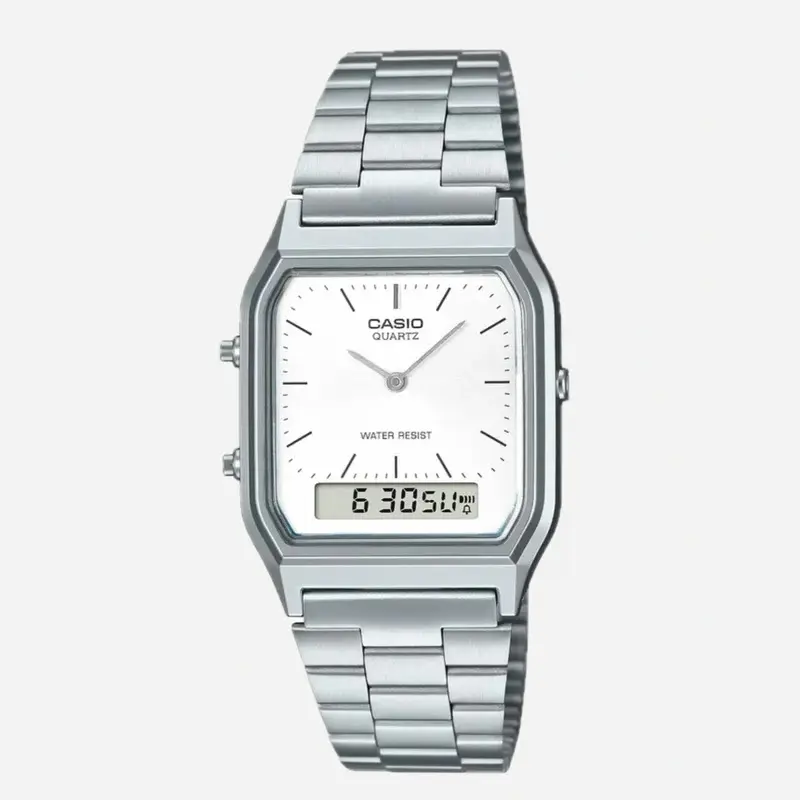 New CASIO AQ-230A-7D White Dial Dual time Stainless Steel Band Watch AQ230A Fashionable Wristwatch Casual Wristwatch