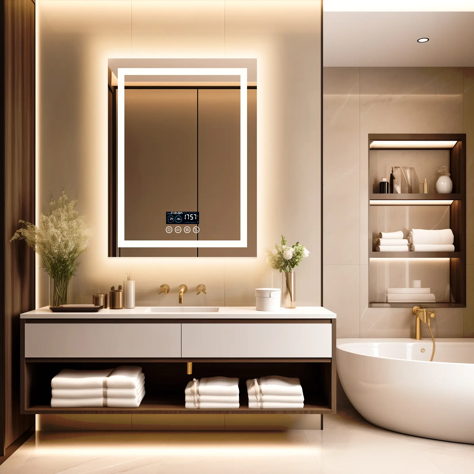 LED Bathroom Vanity Mirror, Square Front-Lit & Back-Lit Design with Built-In Bluetooth Speaker for Home Bathroom Improvement Fixtures, Led Bathroom Mirror