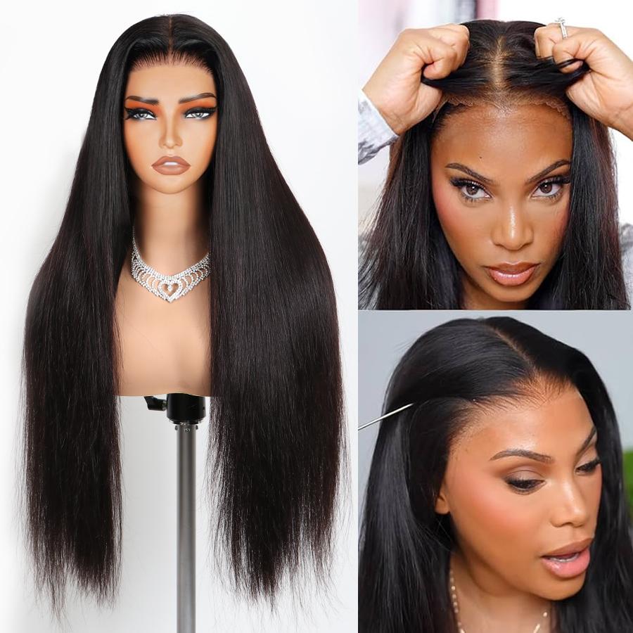 Pizazz Hair 13x6 Glueless Lace Frontal Wig Ear To Ear HD Transparent Lace Melted Skin Well Straight Human Hair Wigs With Drawstring , Pre Bleached , Pre Cut ,Pre Plucked Human Hair For Women