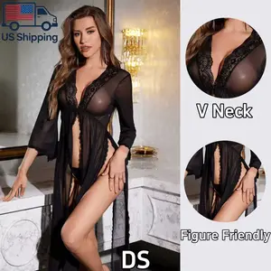 Sheer Mesh Robe with Lace Trim, Long Sleeve Open FrontKimono Lingerie, Elegant Bridal Nightgown with MatchingPanty, Romantic Sleepwear for Date Night, Perfect Gift for Her