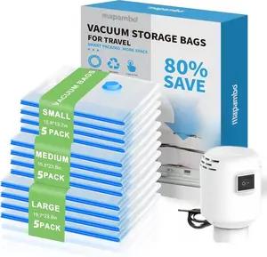 Vacuum Seal Bags for Clothing Travel with Electric Pump, 15 Pack Vacuum Bags in 3 Combo Sizes, Space Saver Vacuum Storage Bags, Reducing Luggage Volume by up to 80% (15 Combo Travel Size)