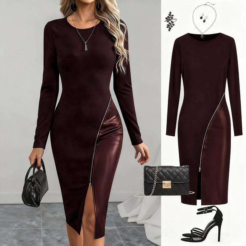 Women's Stylish Elegant Dress Slim-Fitting Figure-Flattering Long-Sleeved PU Leather Panel Zipper Closure All-Season Wear Formal Minimalist Party Workwear Womenswear