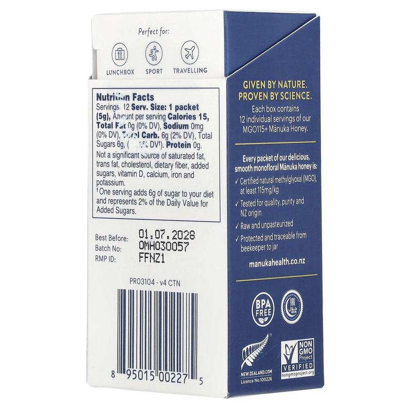 Manuka Health Manuka Honey On-The-Go, UMF 6+, MGO 115+, 12 Packets, 0.176 oz (5 g) Each