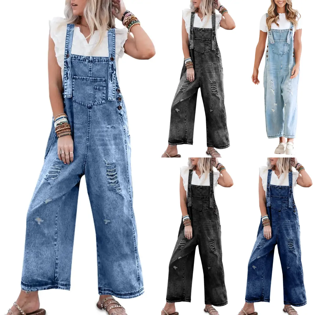 LAICIGO Women's Cute Denim Overalls Loose Adjustable Strap Casual Distressed Bib Jeans Jumpsuits