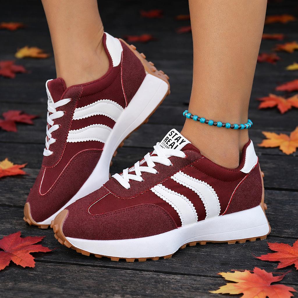 Women's Retro Color-Block Low-Top Sneakers - Breathable Fabric Upper, PU Cushioned Midsole & Wear-Resistant TPR Outsole - Lightweight and Comfortable for All Seasons - Modern Stylish Casual Shoes with Simple Design and Secure Lace-Up Closure.