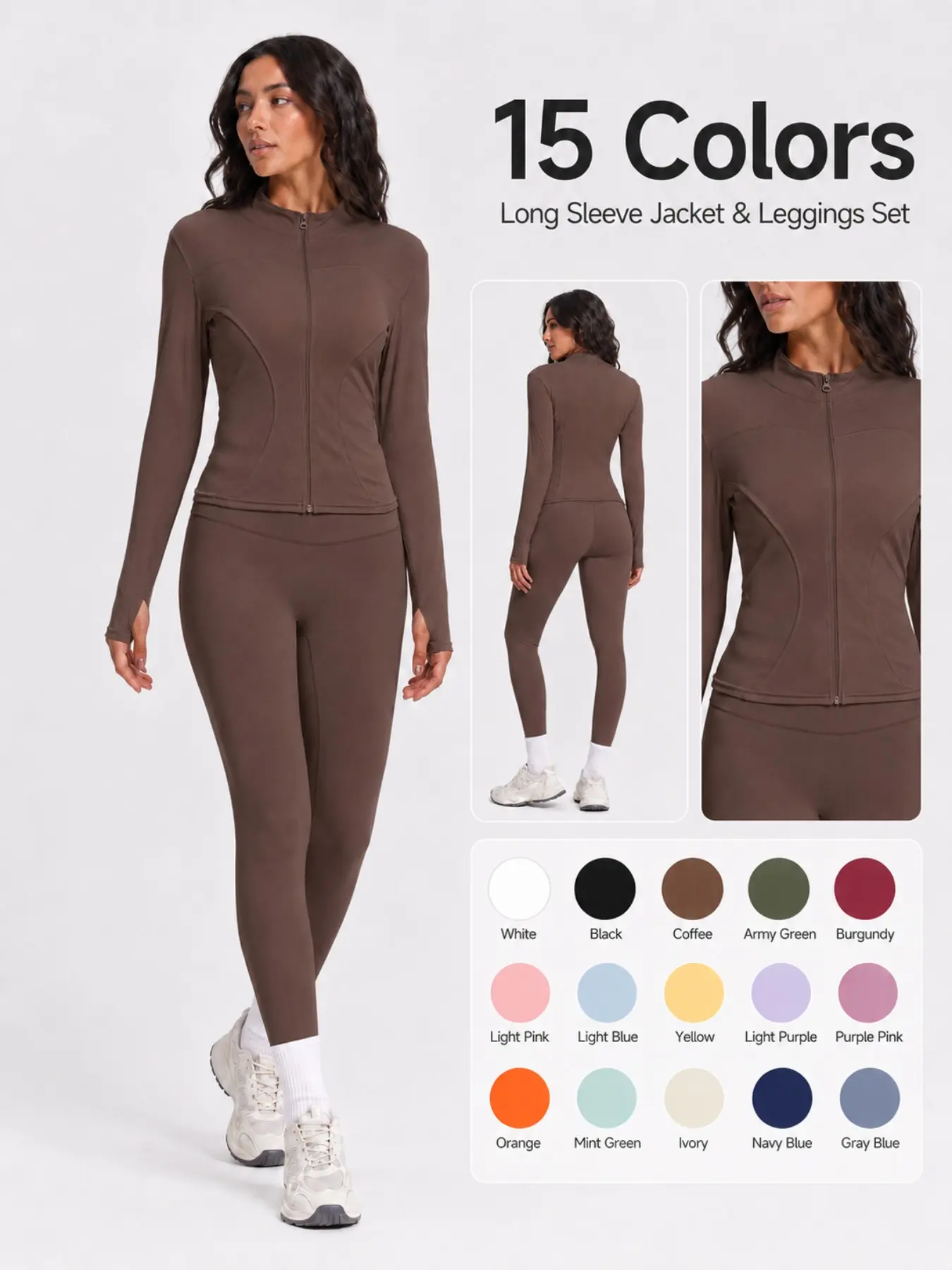 Women's Two-Piece Sportswear Set, Thumb Hole Zipper Long Sleeve Jacket + High-Waist Tight Pants, Soft Elastic Workout for Yoga, Fitness, Running, OOTD, High-Elastic Activewear, Gym Yoga Outfits, Solid Tracksuit Set