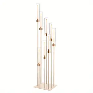 8 Arm Metal Floor to Floor Candle Holder for Wedding Table Center, 45.3 Gold Candle Holder with Clear Acrylic Lampshade, Suitable for Parties, Suitable for Cone Candles, Halloween Christmas Decoration