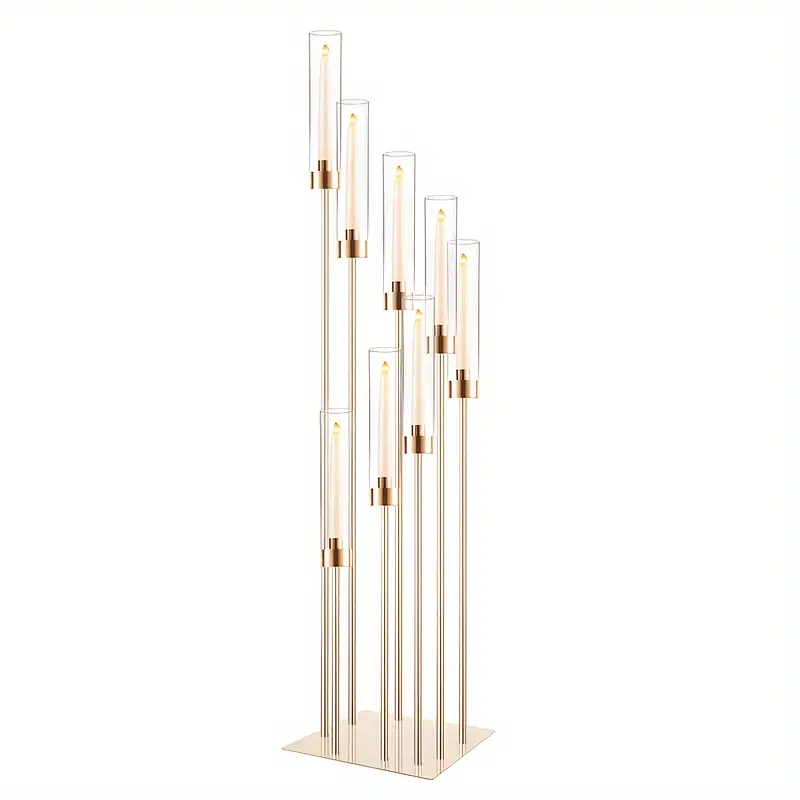 8 Arm Metal Floor to Floor Candle Holder for Wedding Table Center, 45.3 Gold Candle Holder with Clear Acrylic Lampshade, Suitable for Parties, Suitable for Cone Candles, Halloween Christmas Decoration