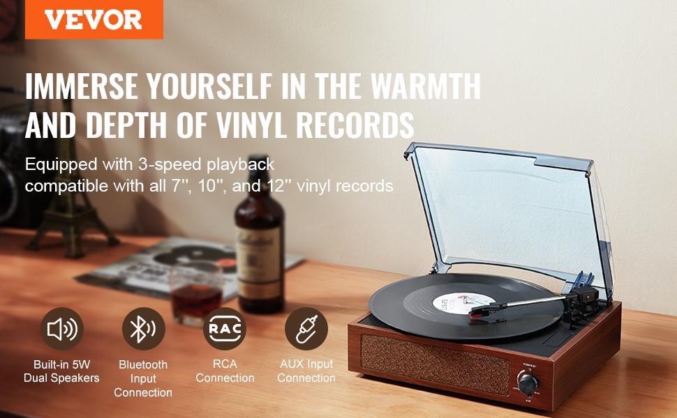VEVOR Vinyl Record Player,  3-Speed, Belt Driven Turntable Player with Built-in 5W Stereo Speakers Magnetic Cartridge, Support 33/45/78 RPM Bluetooth Aux in RCA Output, for 7/10 /12 in Vinyl Records