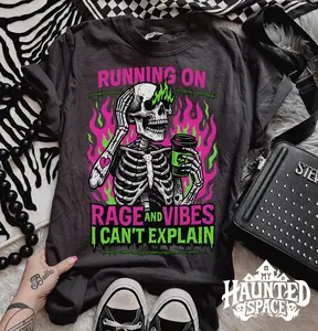 Running on Rage and Vibes Shirt, Funny skeleton shirt, Coffee skeleton, Spooky skeleton coffee rage shirt, Sarcastic shirt