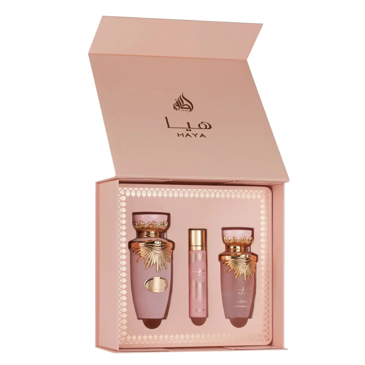 Haya 3pcs Gift Set  Eau De Parfum – Natural Spray – 100ml – Travel Spray – 12ml  Fresh Hair Mist – 50ml Valentine's Gift Box | best gift for ladies