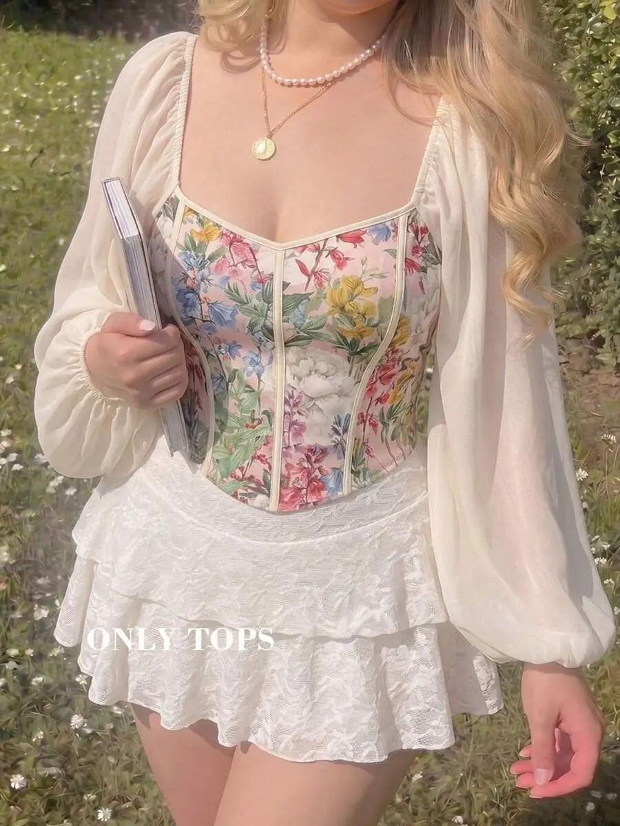 WOODBINE Plus Size Vintage 80s Floral Print Patchwork Chiffon Blouse, Retro Style, Romantic Floral Top For Early Autumn, Wedding Guest Vacation, Fall