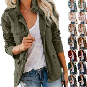 Womens Military Anorak Jacket Zip Up Snap Button Parka Safari Utility Coat Outwear with Pockets