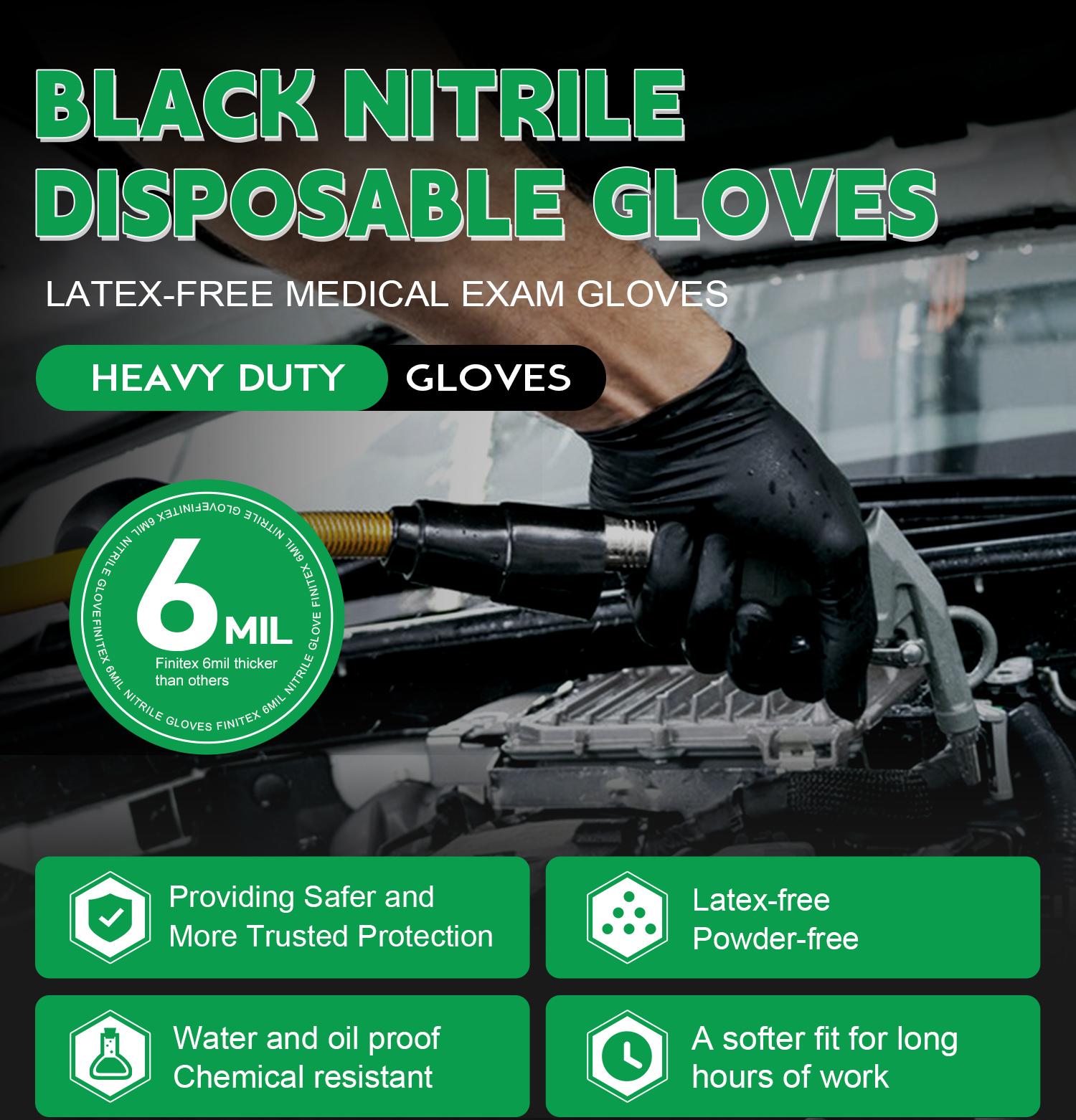 FINITEX 6Mil Nitrile Cleaning Gloves, Black Disposable Medical Exam for Kitchen Household Cook Dish Washing Garden Heavy-duty Hair Dyeing Beauty Salon Tattoo Home Decoration Gardening Farming Mechanics Automotive Tool, Spring Valentine Holiday Love Gifts