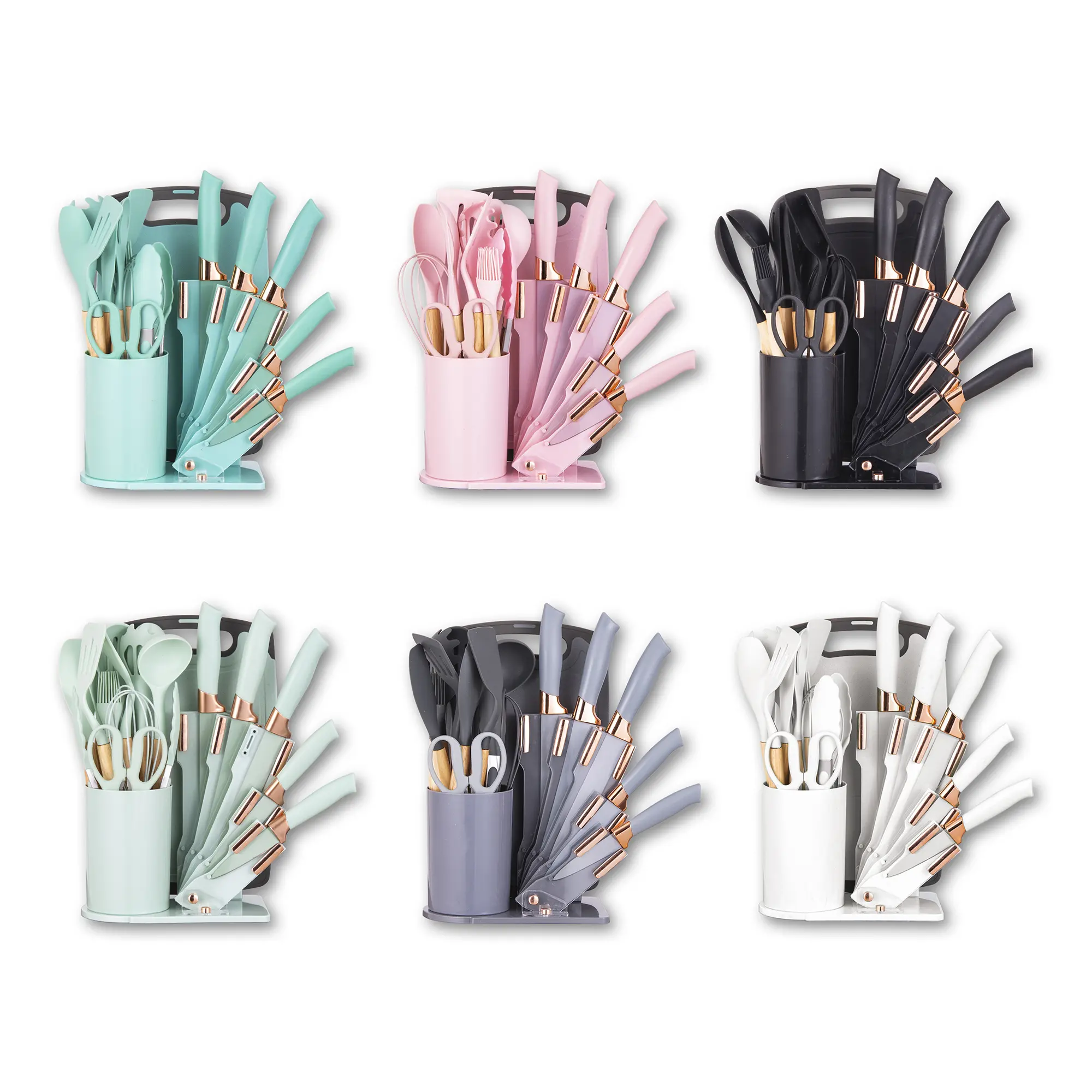 Rustic 19-Piece Aesthetic Kitchen Utensil Set with Knife Block & Cutting Board - Professional Silicone Cooking Tools, Wooden Handles, Heat-Resistant, Non-Stick, Pink, Green, White, Black, Grey - Ideal Apartment Essentials Gift, Cookware
