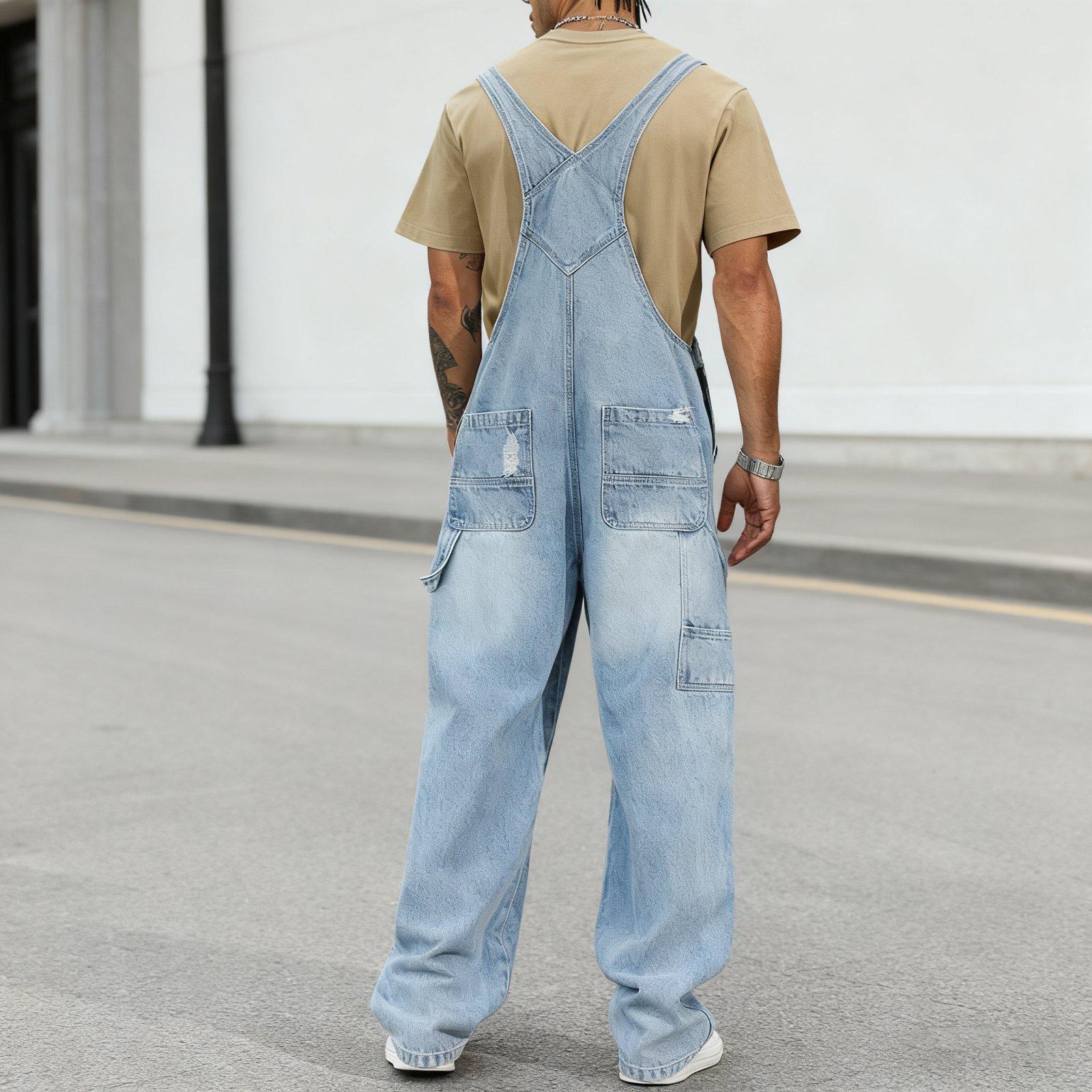 Bindefon Spring Men's Letter Print Distressed Casual Versatile Denim Bib Overalls Hang Out Street Work Menswear Fashion Outfits