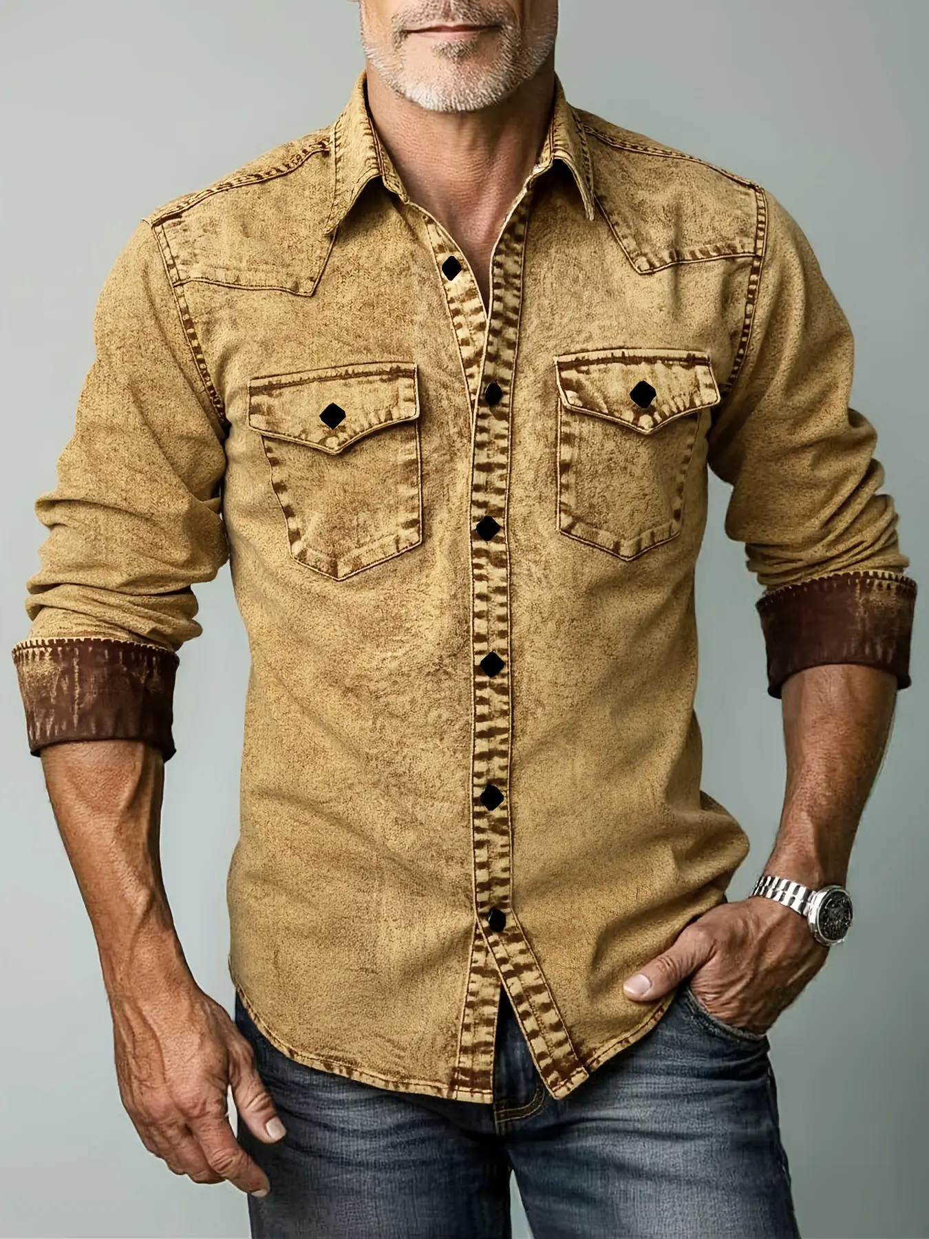 Men's Vintage Washed Denim Shirt Jacket - Classic Denim Men's Lightweight Jacket, Long Sleeve Casual Button-Down Top with 2 Chest Pockets, Retro Vibe Menswear Outerwear, Classic Denim Men's Lightweight Jackets