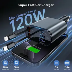 4-in-1 Car Charger USB A Port & USB C Port With 2 Retractable Cable, Max Output Power 120W Fast Charging Block with iPhone 17/16/15/14/13,i Pad, AirPods,Samsung Galaxy,Google Smartphone Electronic Cellphone Mobile