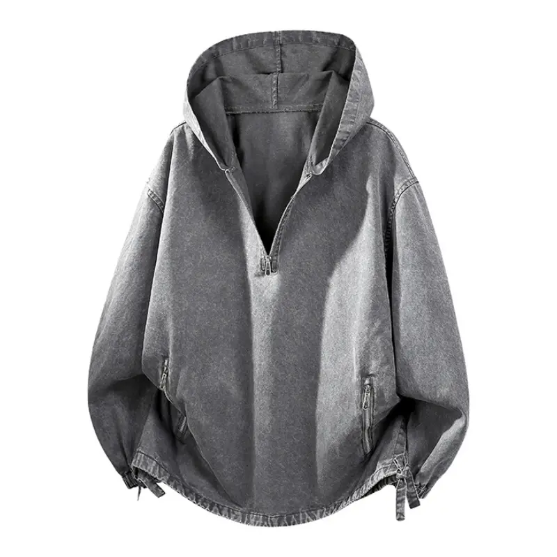 Men Washed Pure Cotton Half-Zip Hooded Sweatshirt, Trendy Denim Jacket with Zip Pockets, Elastic Hem & Cuffs, Soft Comfortable Fabric, Street Style for Daily Wear