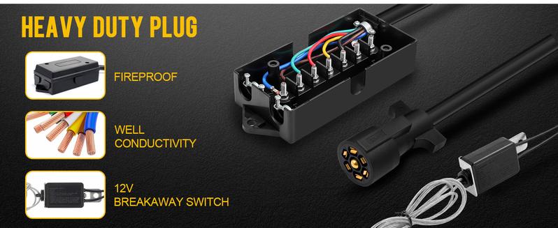 Partsam 7 Way Trailer Wiring Harness Kit 8ft Trailer Cord with 12V Breakaway Switch and Plug Holder, 7 Gang Junction Box Waterproof Partsam 7 Way Trailer Wiring Harness Kit 8ft Trailer Cord with 12V Breakaway Switch and Plug Holder, 7 Gang Junction Box Waterproof
