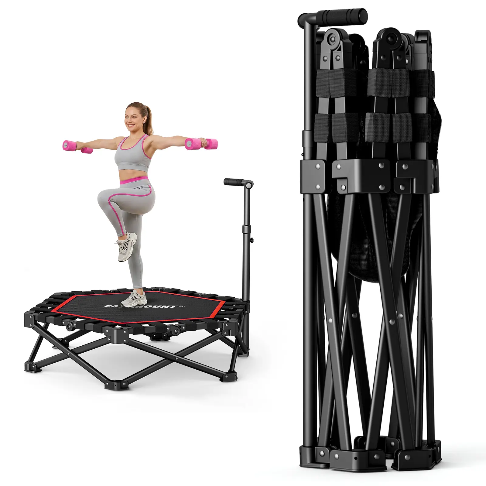 EAST MOUNT 42" Folding Fitness Trampoline for Adults, Foldable Mini Trampoline with Handle, Exercise Rebounder, Small Trampoline for Adults, Max Load 440lbs, for Indoor Garden Workout