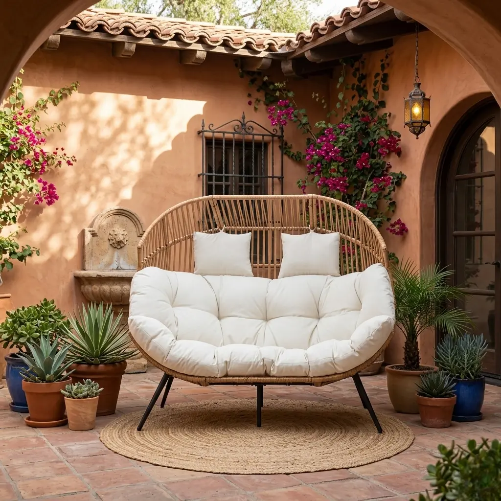 Walsunny Double Egg Chair, Indoor Outdoor 2 Person Egg Wicker Loveseat Chair Stationary Oversized Chair, Thick Padded Cushions, Extra Large Lounge Chair for Patio Balcony Porch Backyard, Beige