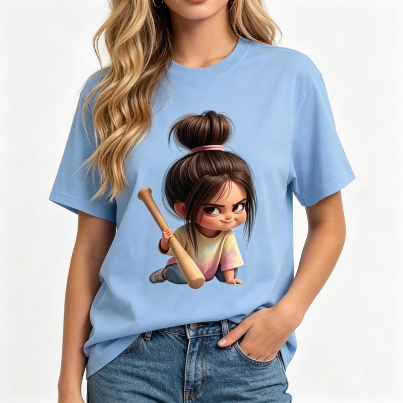 Women's Oversized Light Blue Short-Sleeve Casual Graphic T-Shirt - Cute Cartoon Girl, Messy Bun & Baseball Bat Sassy Print, Kawaii Y2K Aesthetic Streetwear, Comfortable Fabric Beach Top