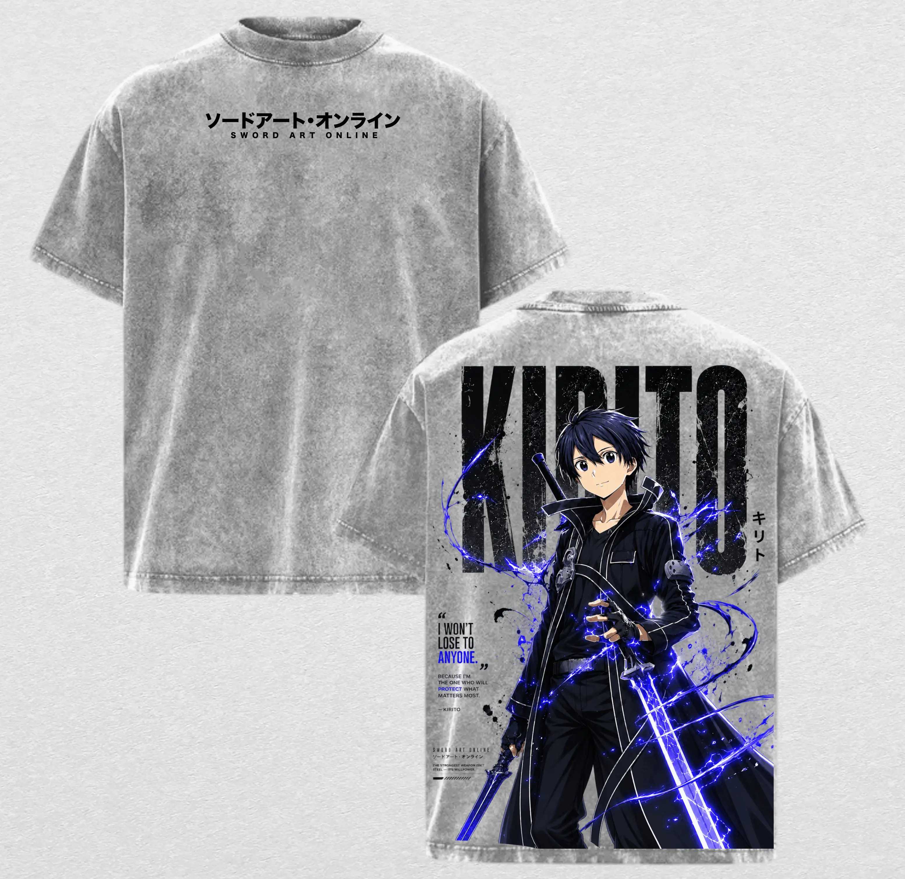 Vintage Acid Wash Sword Art Online Kirito Anime Graphic Tee, Premium Mineral Wash Streetwear Oversized T-Shirt, Retro SAO Manga Cosplay Shirt Gift for Men Women