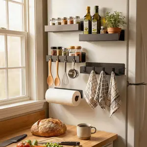 5-Pack Magnetic Spice Racks | Heavy Duty Fridge Organizer Shelf for Kitchen Organization | Metal Black Spice Storage Basket for Side of Refrigerator, Oven, Washer & Dryer | No Drill Apartment Essentials, Condiment Jar Holder & Laundry Room Caddy